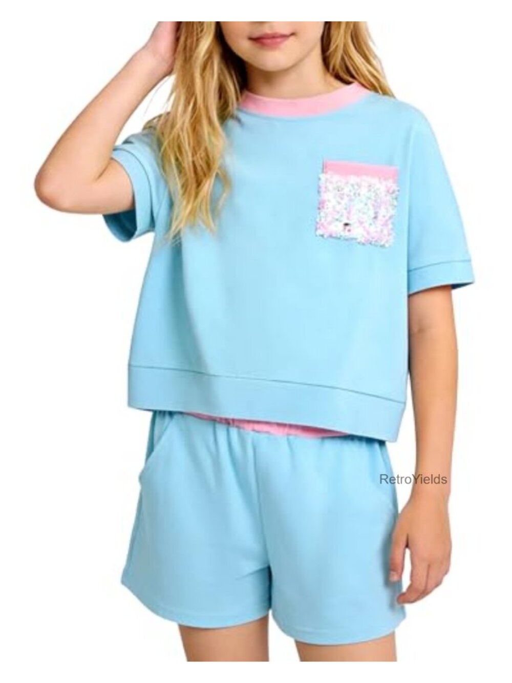 Girls 2-Piece Summer Set Sequin Pocket Tee & Shorts Casual Outfit